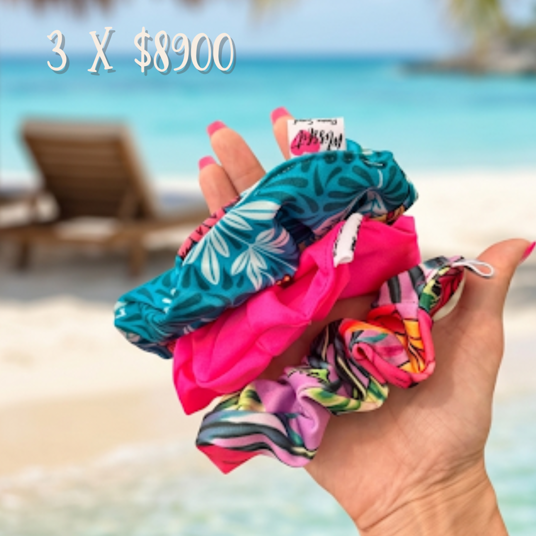 scrunchies x 3  flores esmeraldas-fucsia-hibiscus lila