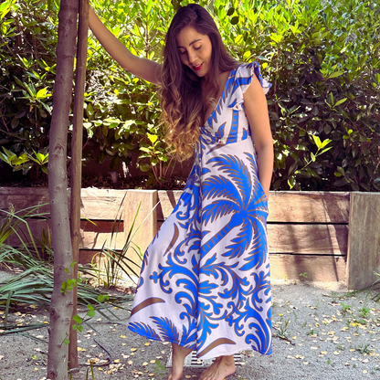 vestido karla  estampado palmeras azules