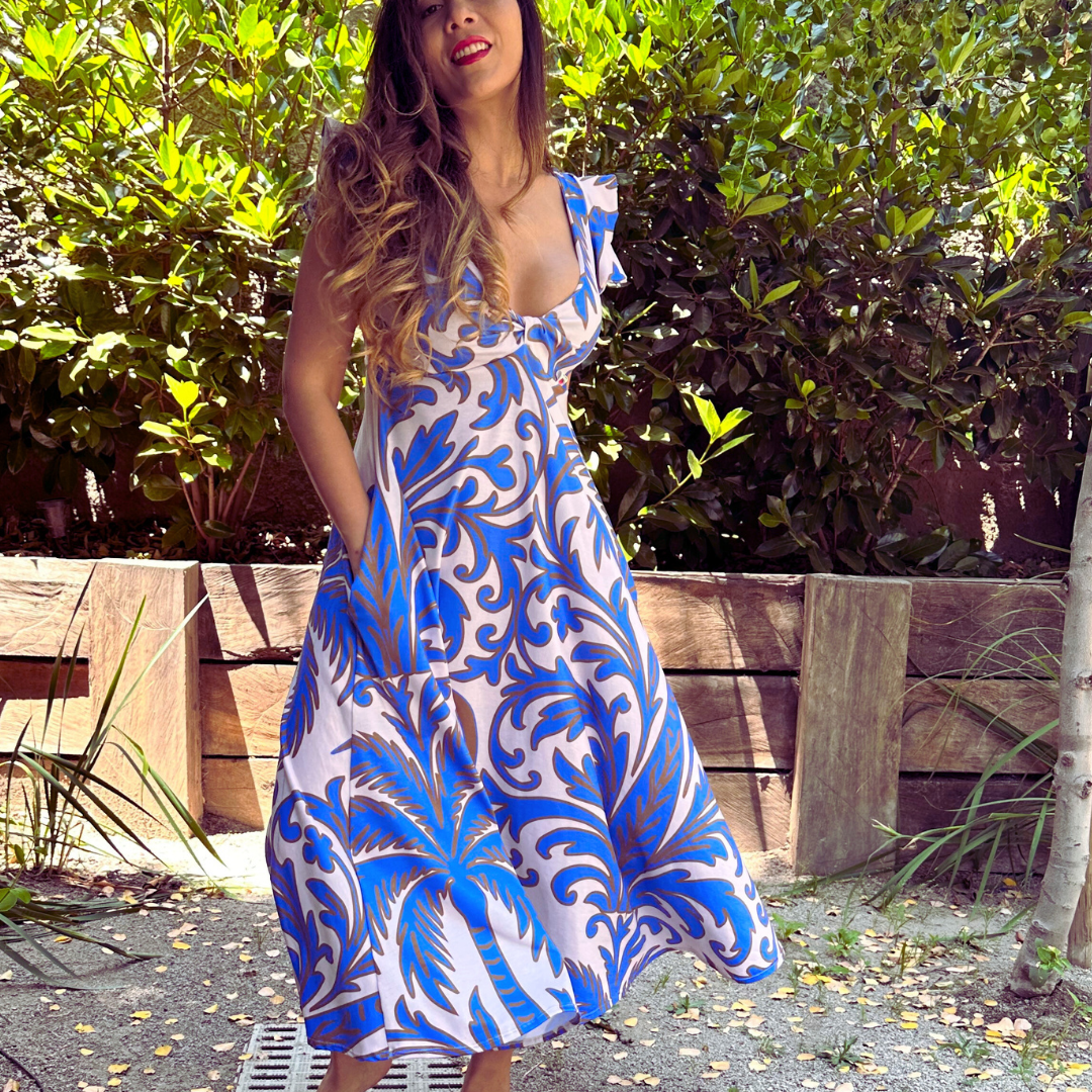 vestido karla  estampado palmeras azules