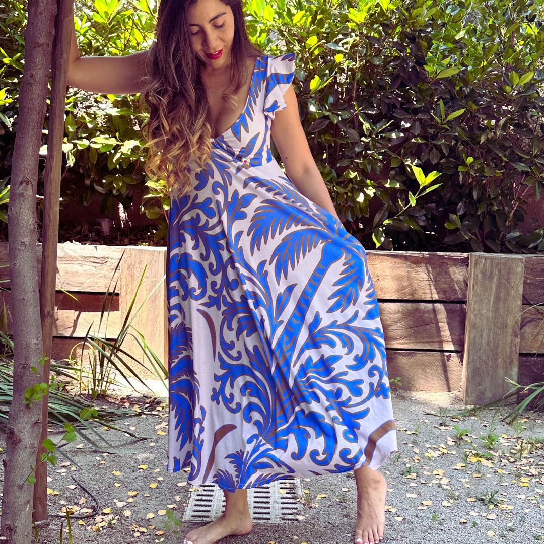 vestido karla  estampado palmeras azules