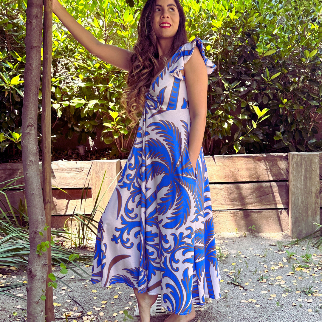 vestido karla  estampado palmeras azules