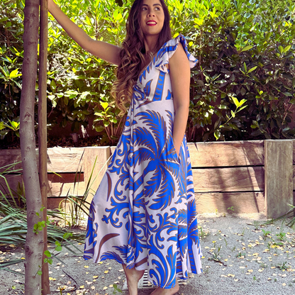 vestido karla  estampado palmeras azules