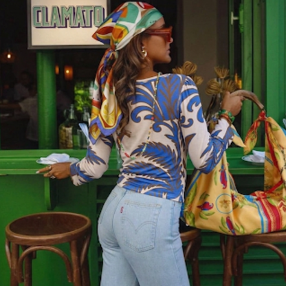Polera manga larga palmeras celestes
